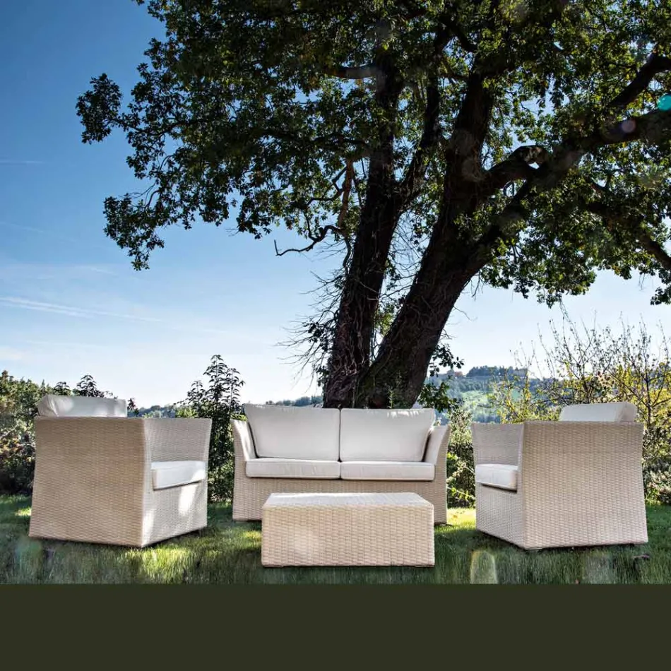 REHAU Polyrattan Garten-Lounge-Set und weiße Kissen - Pepe Viadurini