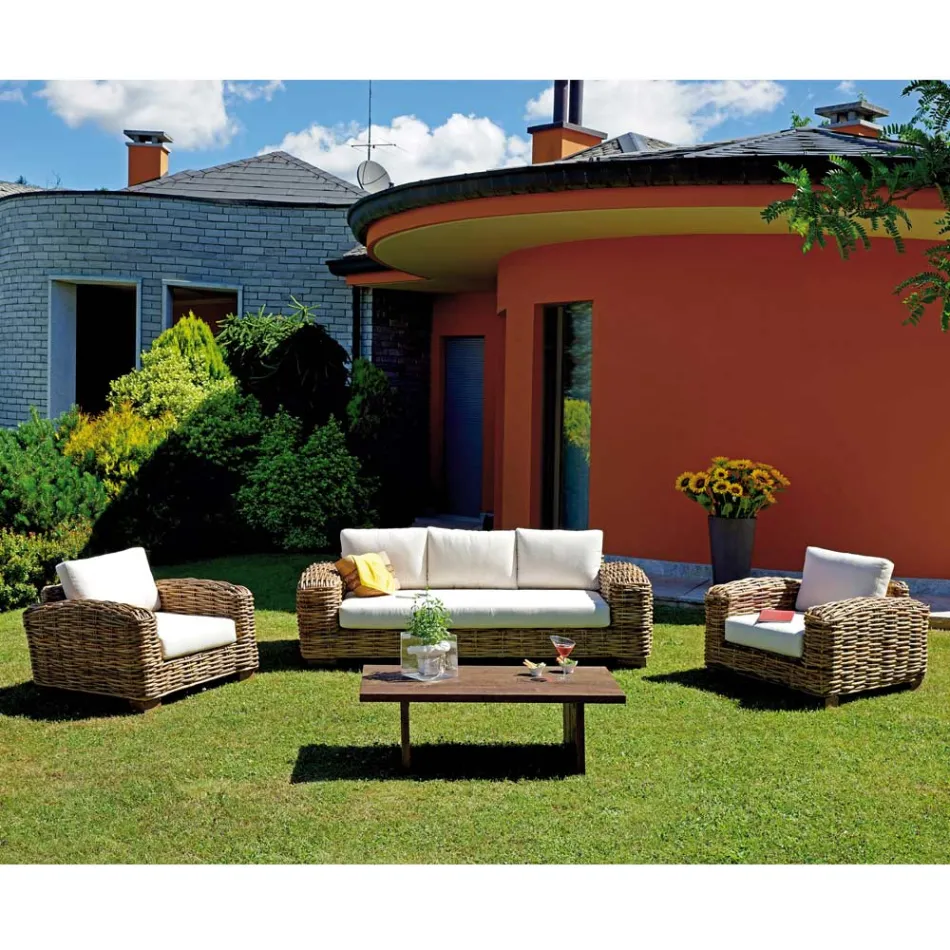 Rattan-Gartenlounge mit Couchtisch und Kissen aus Holz - Hugues Viadurini