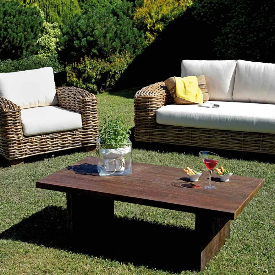 Rattan-Gartenlounge mit Couchtisch und Kissen aus Holz - Hugues Viadurini