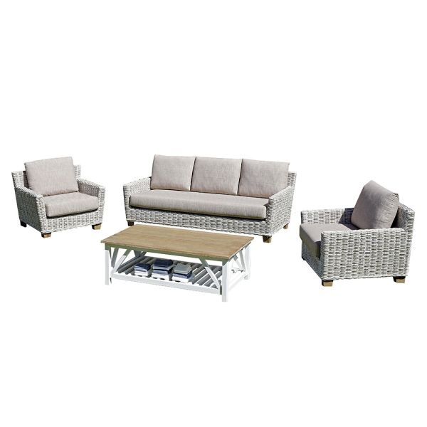 Lounge im freien mit couchtisch aus mangoholz und polycotton-kissen - orlanda