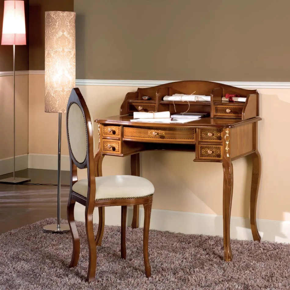 Schreibtisch 7 Schubladen Walnussholz mit Intarsien Made in Italy - Katerine Viadurini