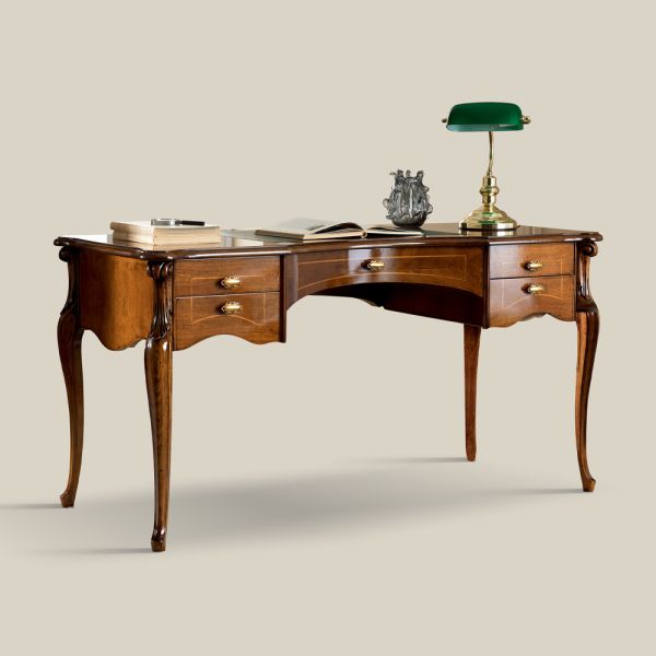 Klassischer schreibtisch 5 schubladen aus holz und kunstleder made in italy - commodo