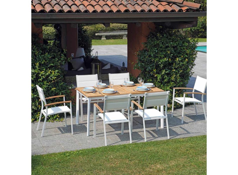 Stapelbarer Gartenstuhl aus weißem Aluminium mit Armlehnen - Lyonel Viadurini