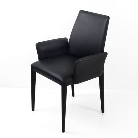 Esszimmerstuhl mit Armlehnen mit schwarzem Leder bezogen Made in Italy - Meyer Viadurini