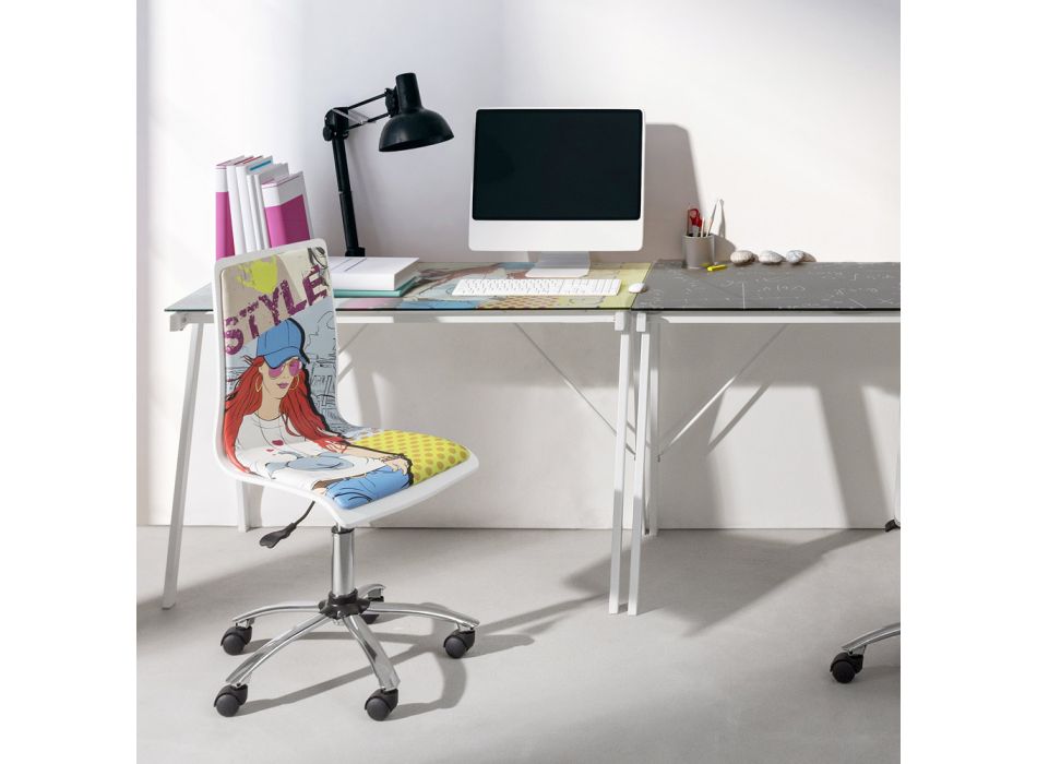 Drehbarer Bürostuhl aus Stahl und Kunstleder mit Kartondruck - Lollo Viadurini