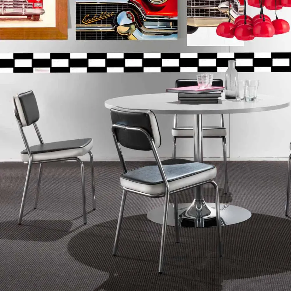 Stuhl im Stil der 50er Jahre aus Kunstleder mit Graffiti und weißer Unica-Bordüre Viadurini