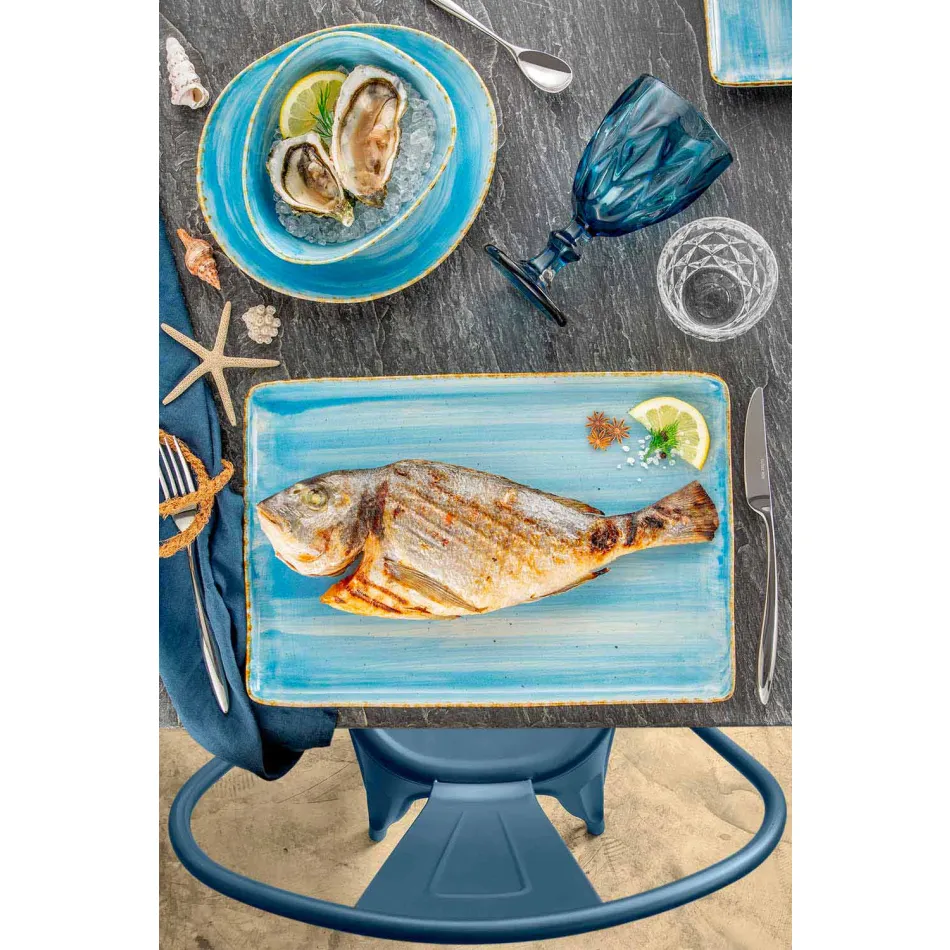 Set mit 8 modernen rechteckigen Designplatten und farbiger Steinzeugschale - Simba Viadurini