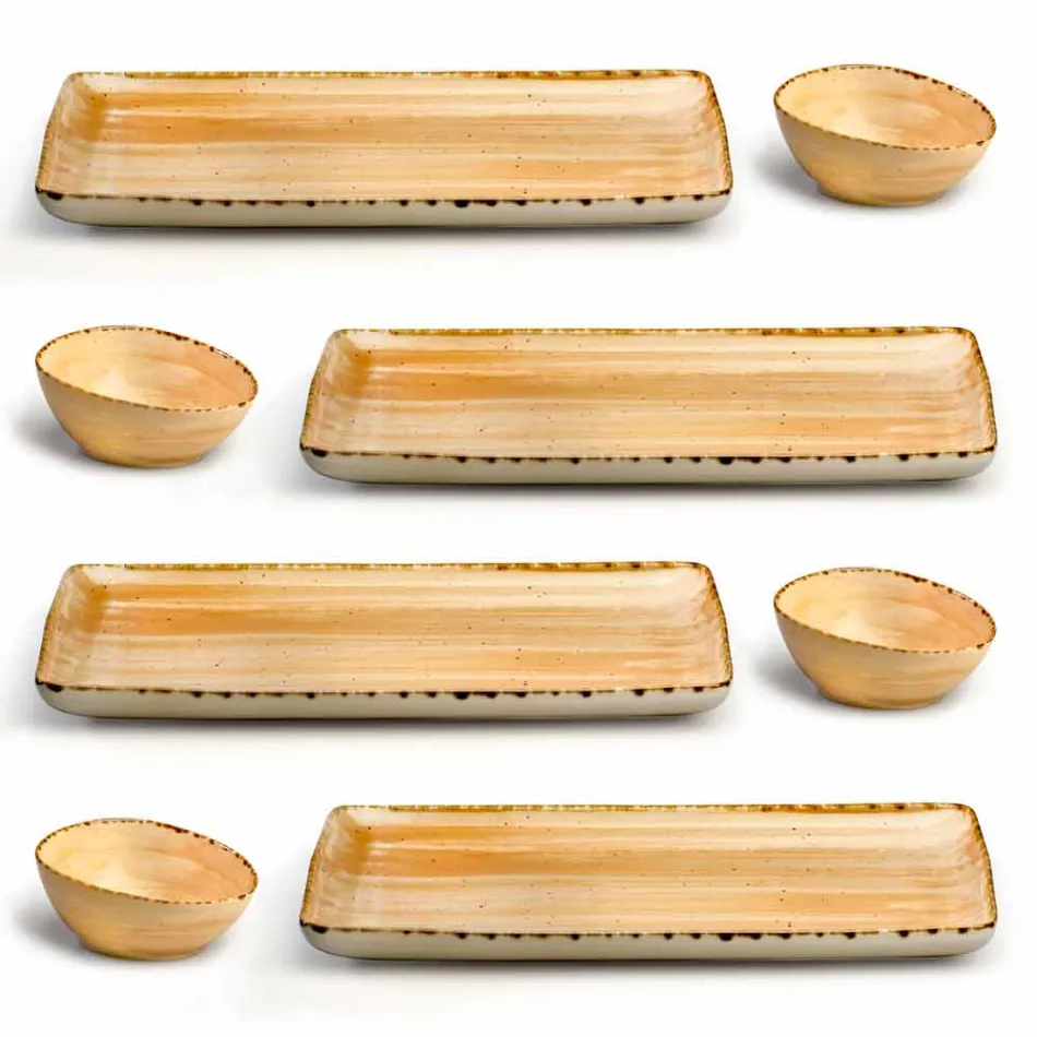 Set mit 8 modernen rechteckigen Designplatten und farbiger Steinzeugschale - Simba Viadurini