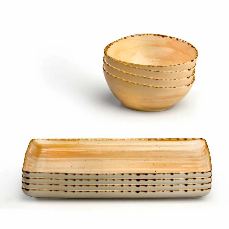 Set mit 8 modernen rechteckigen Designplatten und farbiger Steinzeugschale - Simba Viadurini