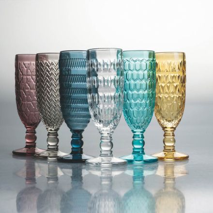 Flötenkelch-Set aus farbigem Glas und verschiedenen Dekorationen 12-teilig - Mix Viadurini