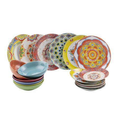 Ethnisches farbiges Porzellan- und Steinzeug-Geschirrservice 18-teilig - Ibizia Viadurini