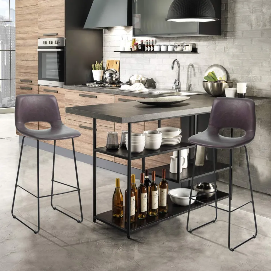 Hoher Küchenhocker aus Kunstleder und schwarzem Metall 2-teilig - Yuri Viadurini