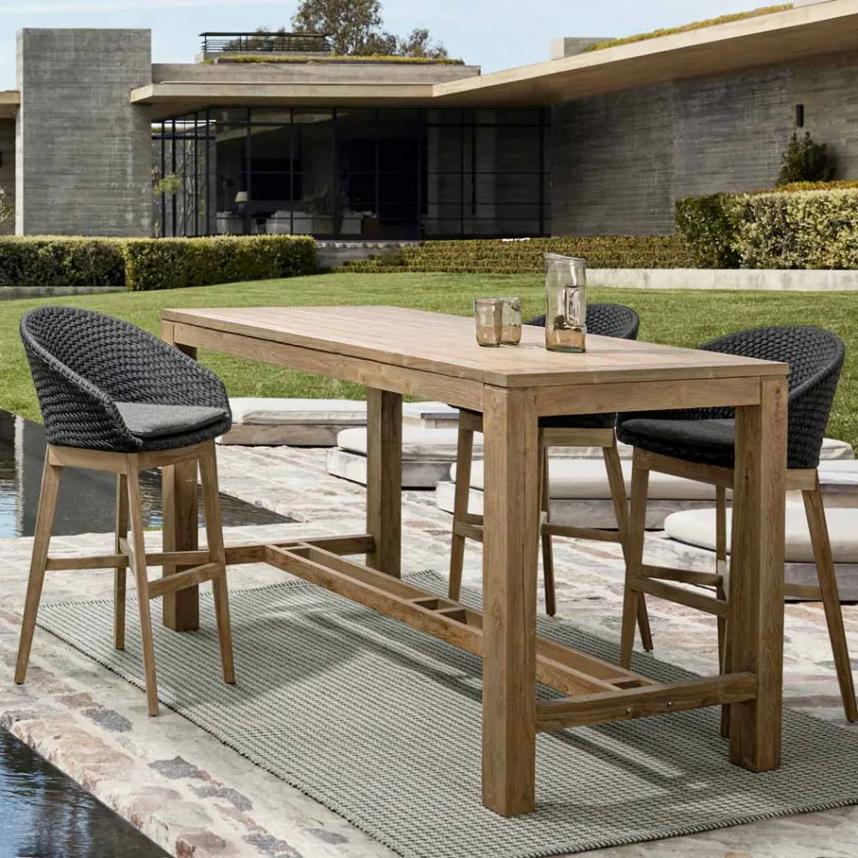 Hoher Outdoor-Hocker aus Seil und Teakholz, Homemotion, 2 Stück – Anitha Viadurini