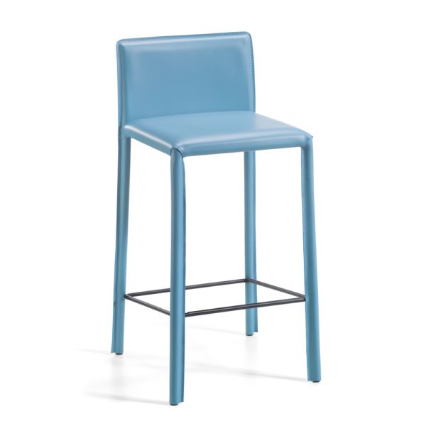 Hocker mit niedriger rückenlehne aus blauem leder, hergestellt in italien – delfino