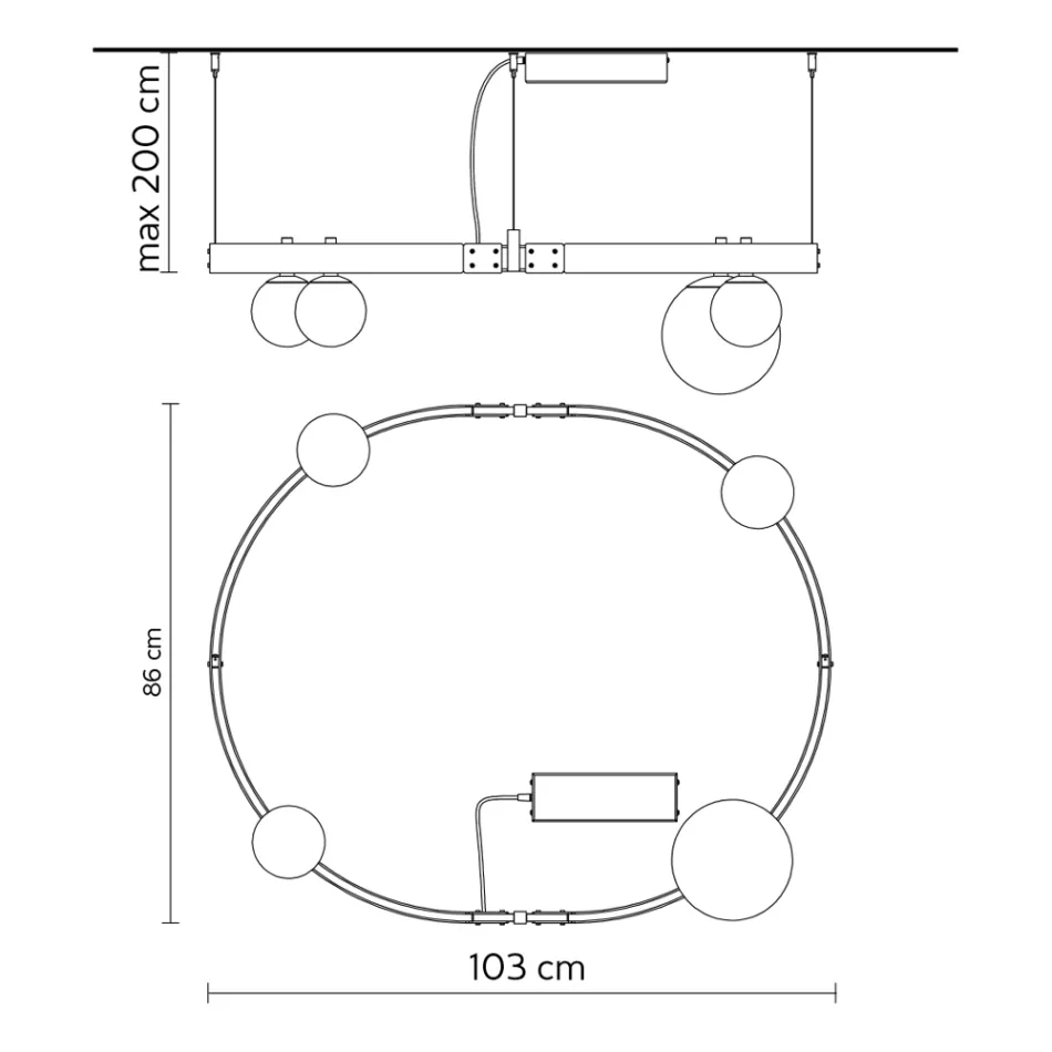Pendelleuchte im ovalen Design aus schwarzem Aluminium mit Kugeln und Strahlern - Exodus Viadurini