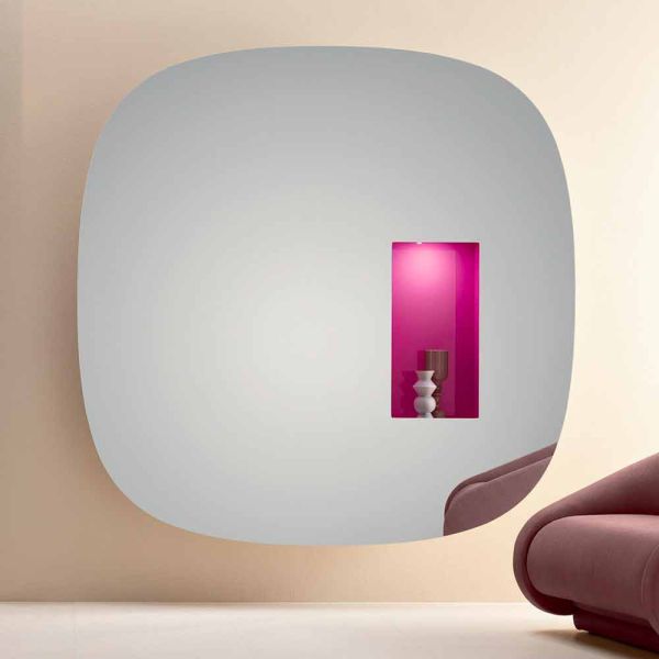 Wandspiegel mit led-licht und rosa fach luxus-design made in italy - matrix