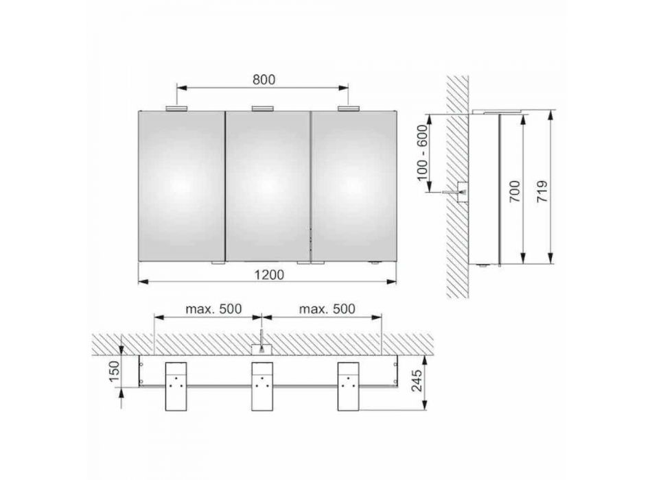 Containerspiegel mit 3 Türen mit 9 Innenregalen und LED-Beleuchtung - Ratsche