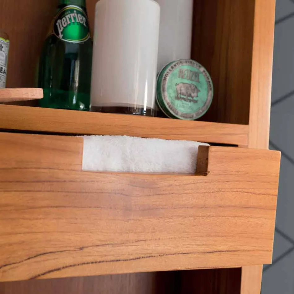 Wandspiegel aus Teakholz mit Regalen und internen Schubladen - Ralio Viadurini