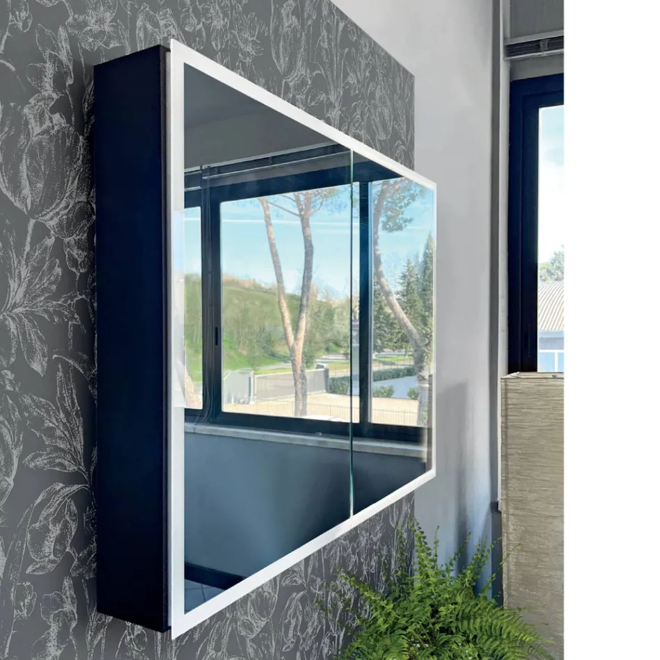 Spiegelbehälter aus Holz mit Doppelspiegel und Lichtern, hergestellt in Italien – Darwin Viadurini