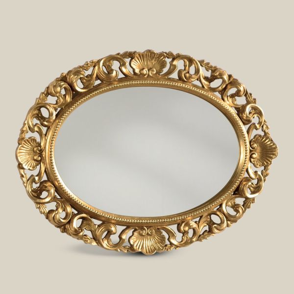 Ovaler spiegel mit perforiertem holzrahmen aus blattgold made in italy - florence