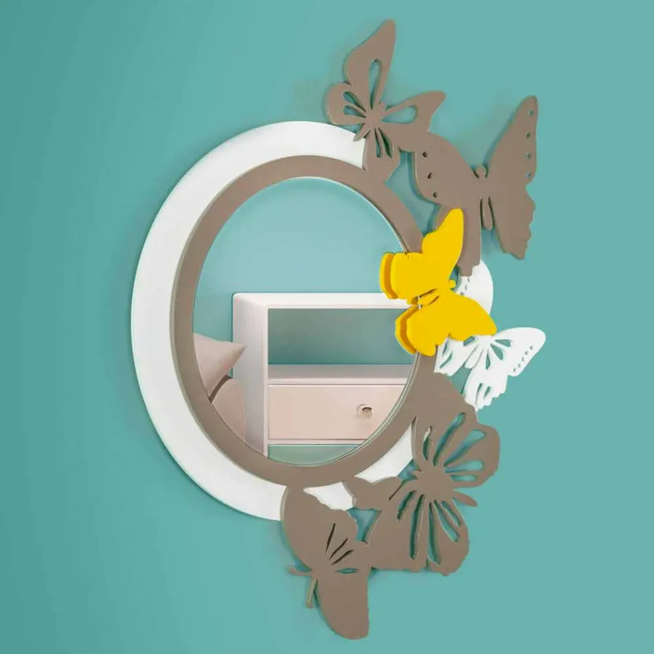 Runder Spiegel aus modernem Design aus farbigem Holz mit Schmetterlingen - Beat Viadurini