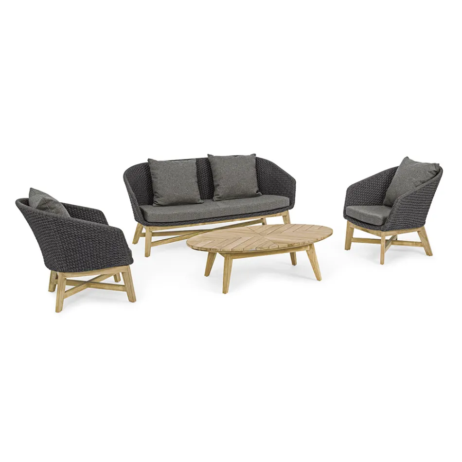 Niedriger Outdoor-Couchtisch aus Teakholz mit ovaler Platte, Homemotion – Ricardo Viadurini