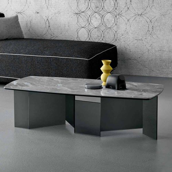 Niedriger couchtisch wohnzimmer keramikplatte und beine aus rauchglas 3 größen - zufällig
