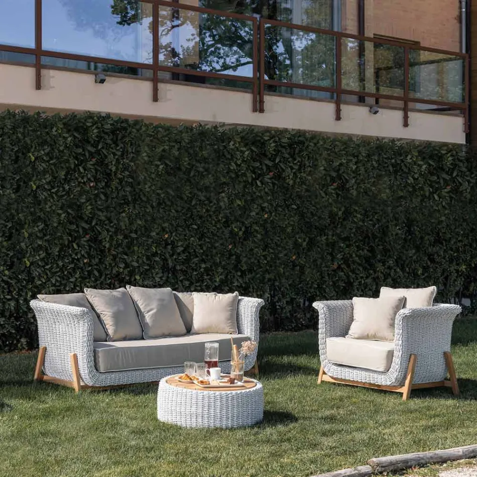 Gartencontainertisch aus Teakholz und Seilgeflecht - Arjuna Viadurini