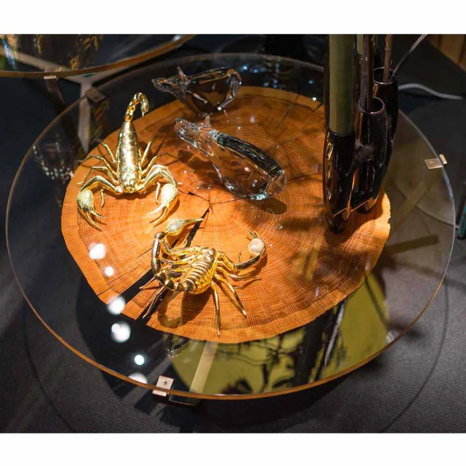 Moderner hoher Couchtisch mit Glasplatte und Bigo-Holz 1 Viadurini