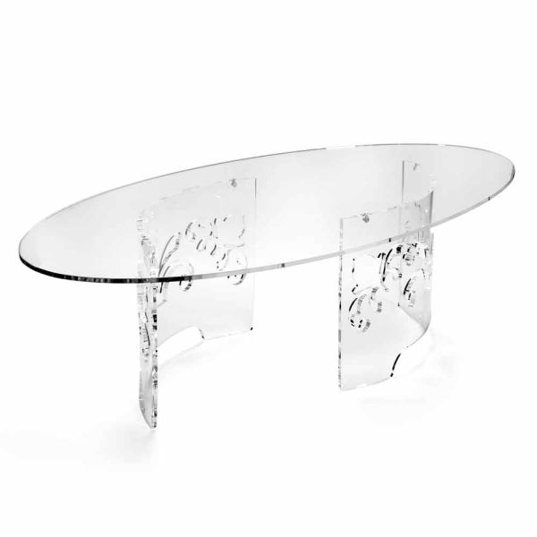 Couchtisch aus geräuchertem oder transparentem plexiglas mit dekoriertem sockel - crassus