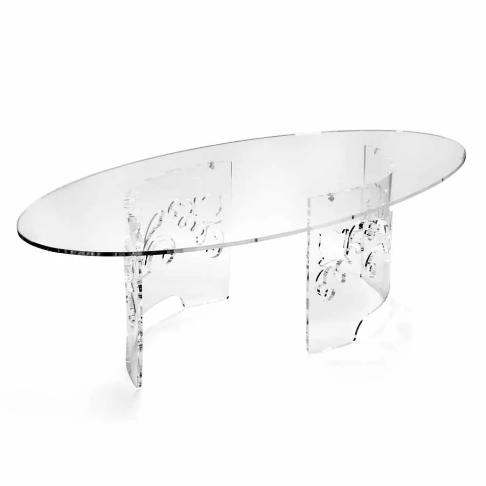 Couchtisch aus geräuchertem oder transparentem Plexiglas mit dekoriertem Sockel - Crassus Viadurini