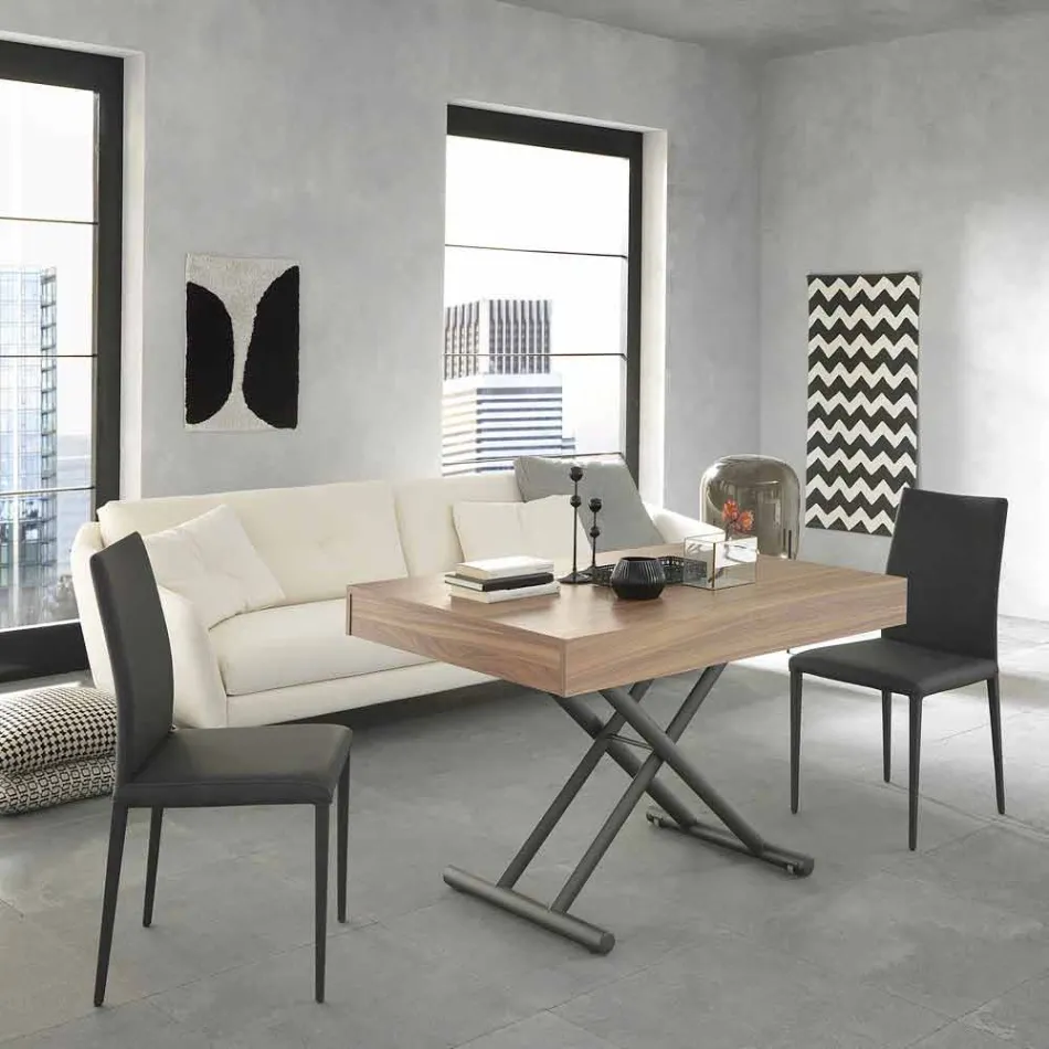 Moderner umwandelbarer Couchtisch aus Holz und Metall Made in Italy - Fabio Viadurini