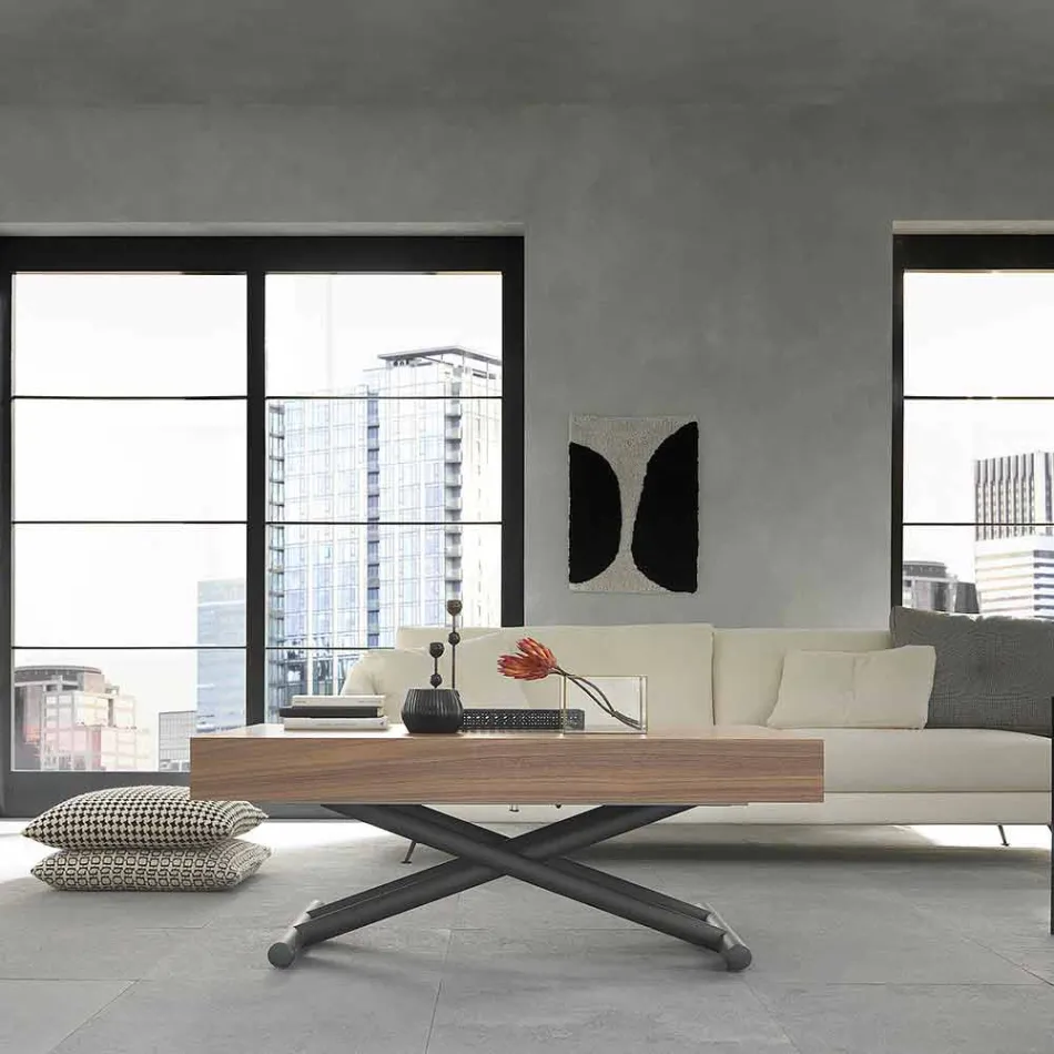 Moderner umwandelbarer Couchtisch aus Holz und Metall Made in Italy - Fabio Viadurini