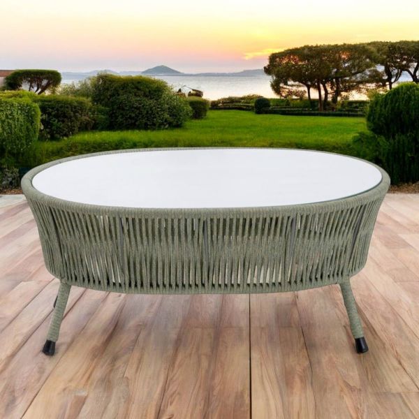 Garten-couchtisch aus aluminium, geflochtenem seil und glas - asteria