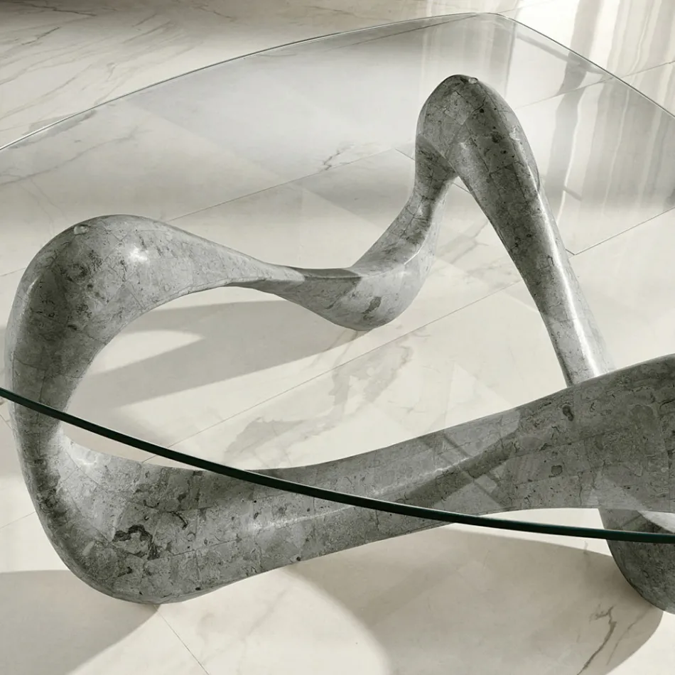 Couchtisch mit Glasplatte und Sockel aus Fossilstein – Kalifornien Viadurini