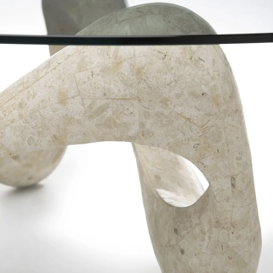 Couchtisch mit Glasplatte und Sockel aus Fossilstein – Kalifornien Viadurini