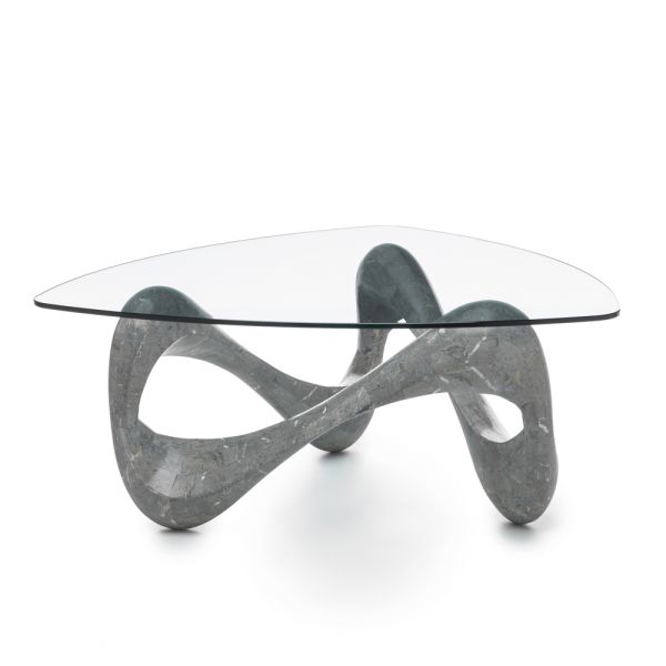 Couchtisch mit glasplatte und sockel aus fossilstein – kalifornien
