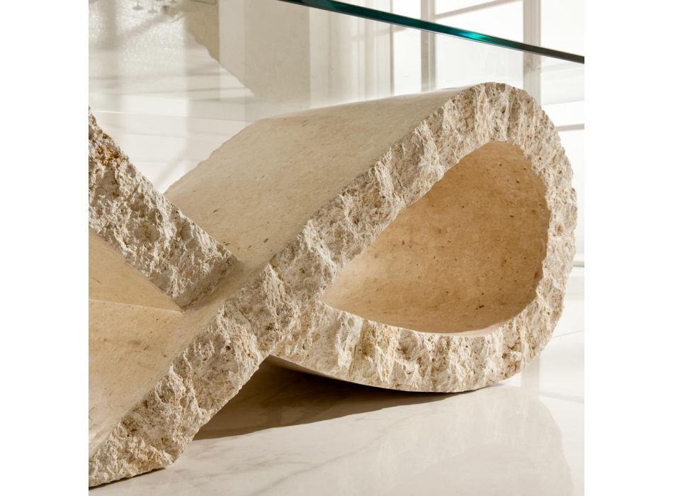 Fossil Stone Couchtisch mit transparenter Glasplatte – Kansas Viadurini