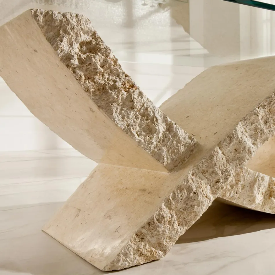 Fossil Stone Couchtisch mit transparenter Glasplatte – Kansas Viadurini