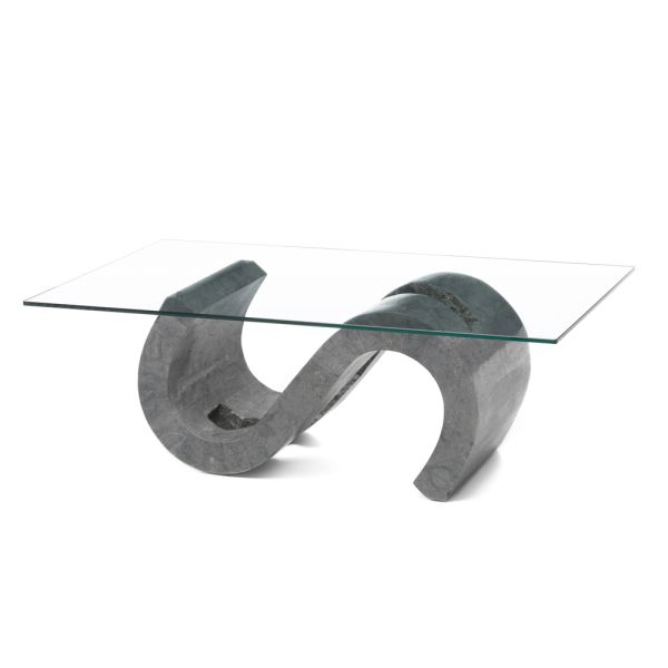 Couchtisch aus gehärtetem glas mit sockel aus fossilstein – jordan