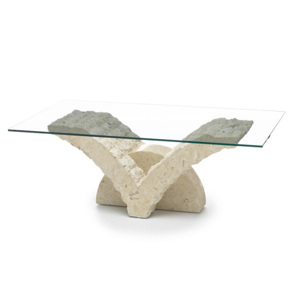 Rechteckiger couchtisch mit sockel aus weißem fossilstein – gardenia