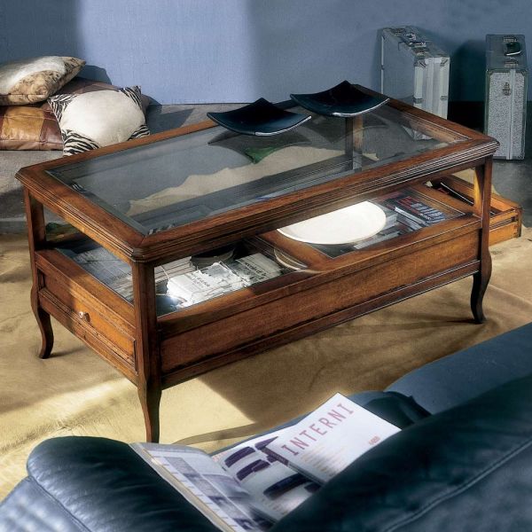 Wohnzimmer-couchtisch mit glasplatte und 2 schubladen made in italy - xipe