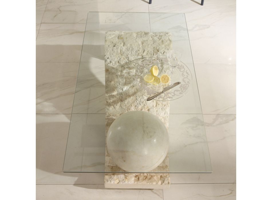Wohnzimmer-Couchtisch mit Glasplatte und Sockel aus Fossilstein – Kugel Viadurini
