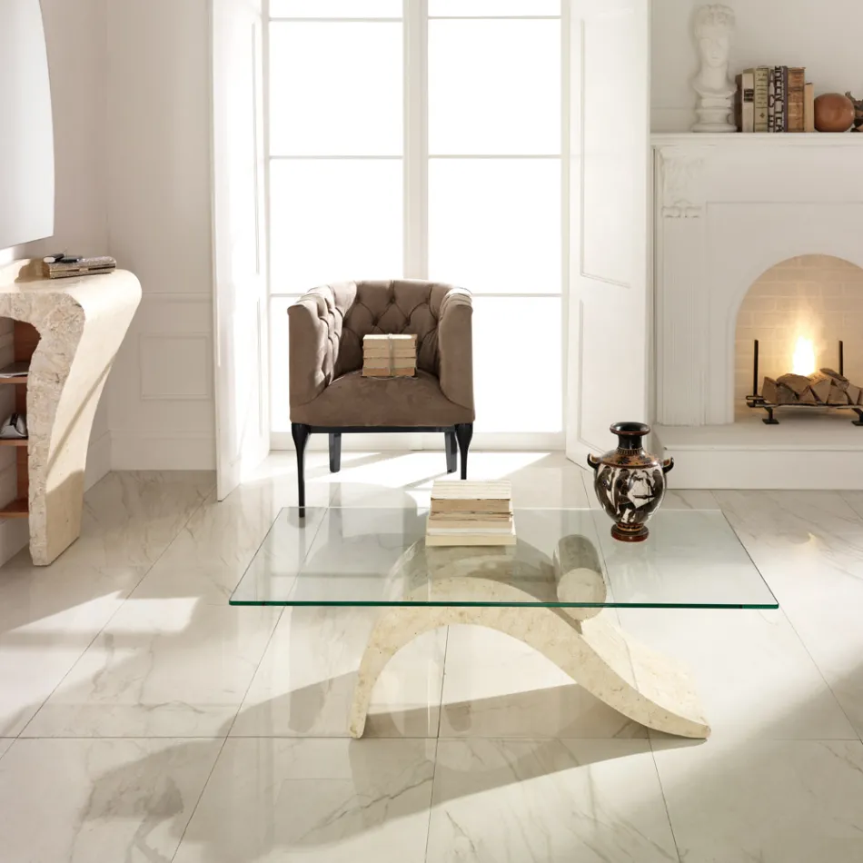 Couchtisch im modernen Design mit Glasplatte und Sockel aus Fossilstein – Nachfüllen Viadurini