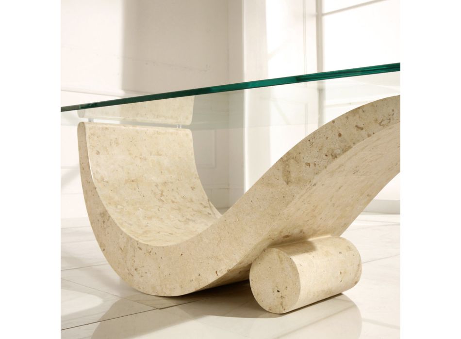 Couchtisch im modernen Design mit Glasplatte und Sockel aus Fossilstein – Nachfüllen Viadurini
