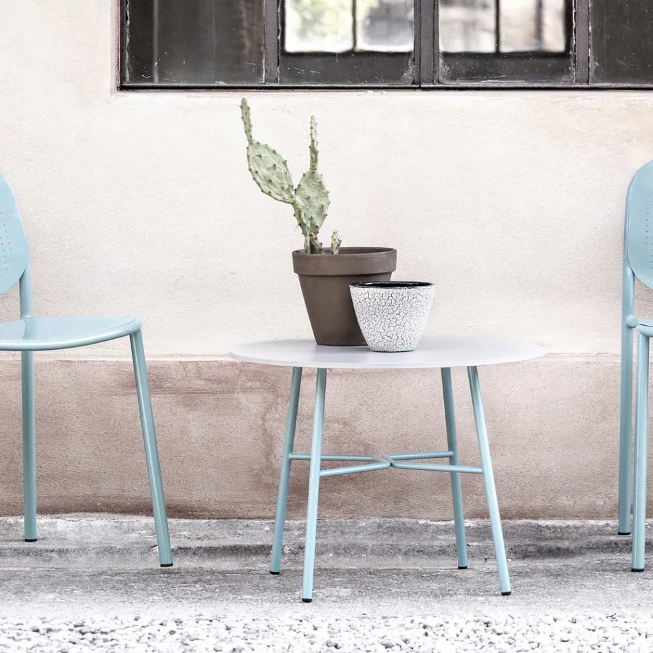 Runder Outdoor-Couchtisch aus HPL mit Metallfuß Made in Italy - Makino Viadurini