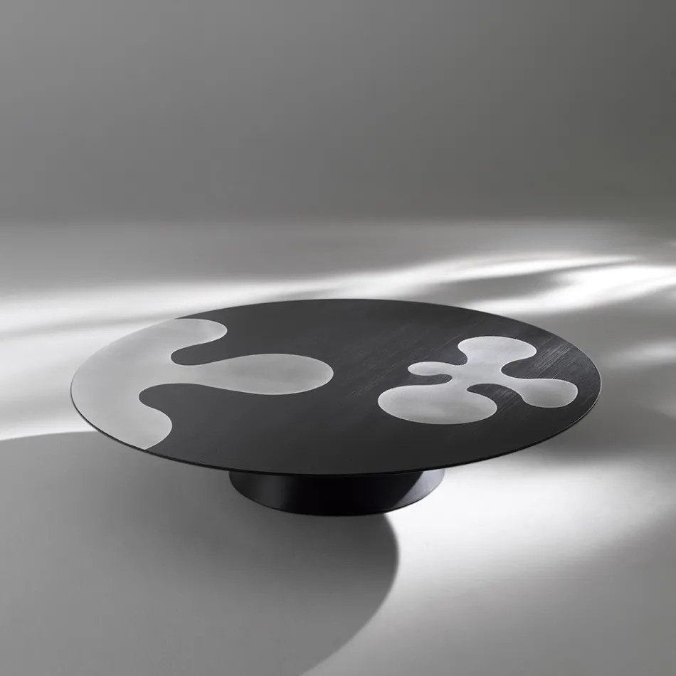 Schwarzer, lackierter Couchtisch aus Lärche mit Einsätzen aus satiniertem Edelstahl - Vergine Viadurini