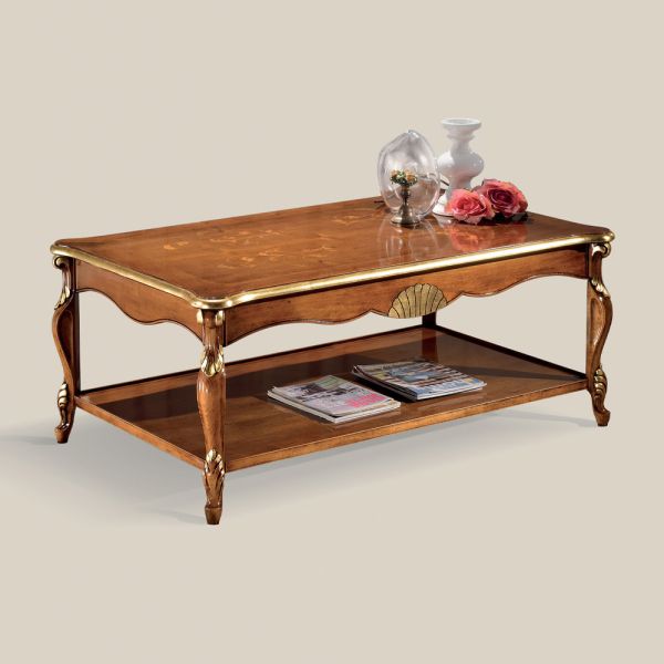 Luxuriöser couchtisch aus walnussholz und gold mit intarsien made in italy - cambrige