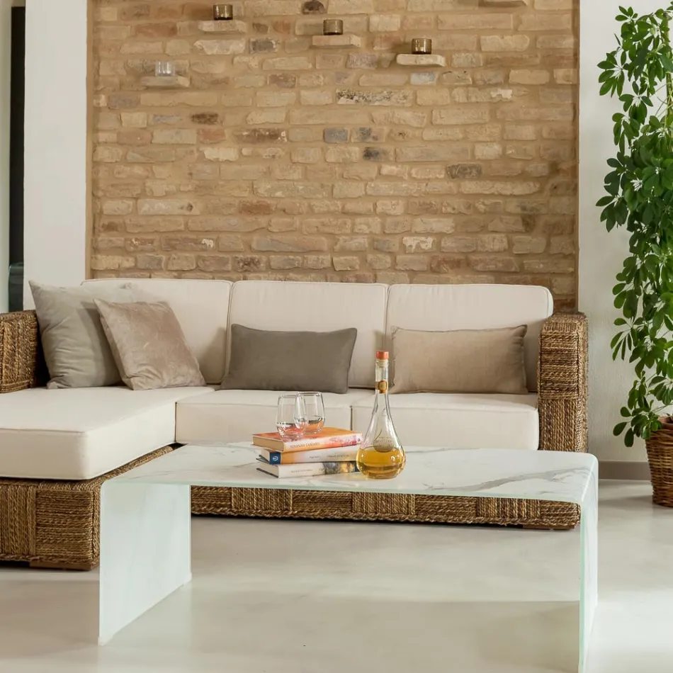 Couchtisch aus 10 mm starkem, gebogenem Sicherheitsglas mit Marmoroptik – Aiello Viadurini