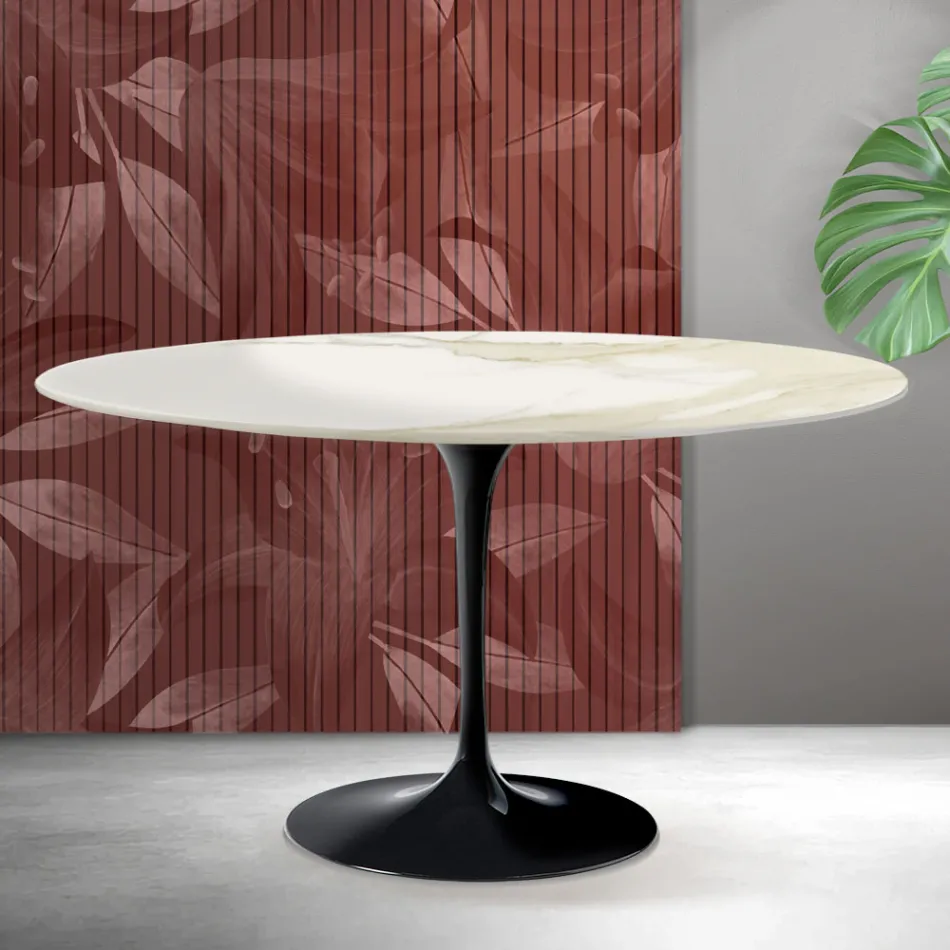 Saarinen Tulip Ovaler Couchtisch H 41 cm in Florim Calacatta Gold Matt Keramik - Scharlachrot Viadurini